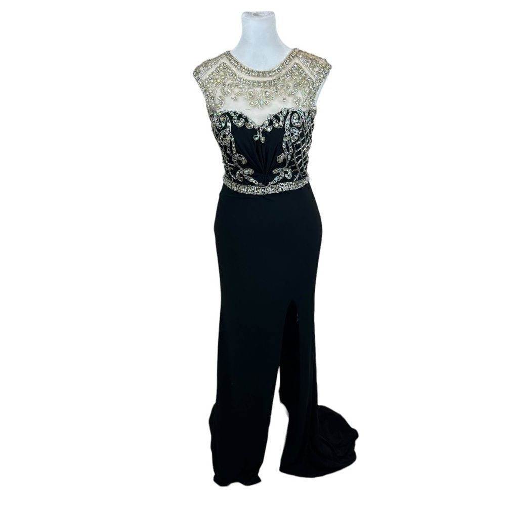 Ladies‎ Alyce Paris Black Bead and Crystal Top Formal Dress Front Slit Size 0